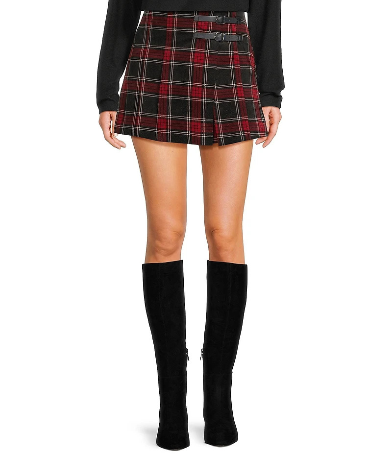 Copper Key Velvet Plaid Buckle Wrap Skort