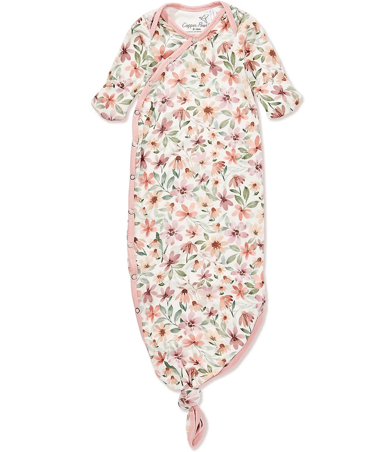 Copper Pearl Baby Girls Natalie Floral Print Long-Sleeve Knotted Gown