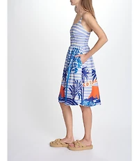 COREY LYNN CALTER Adeline Scenic Print Linen Blend Square Neck Sleeveless Fit-And-Flare Dress