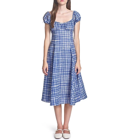 COREY LYNN CALTER Cordelia Gingham Print Scoop Neck Short Puff Sleeve Fit-And-Flare Dress