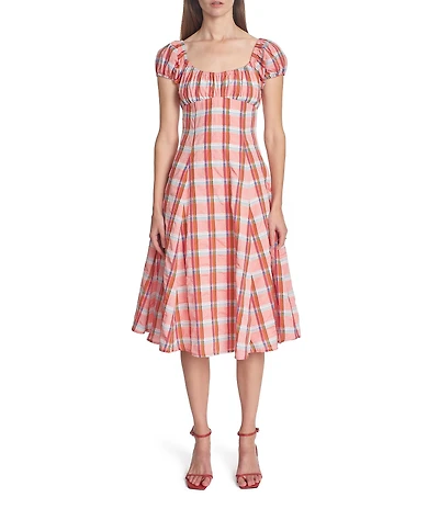 COREY LYNN CALTER Cordelia Plaid Print Square Neck Short Puff Sleeve Midi Dress