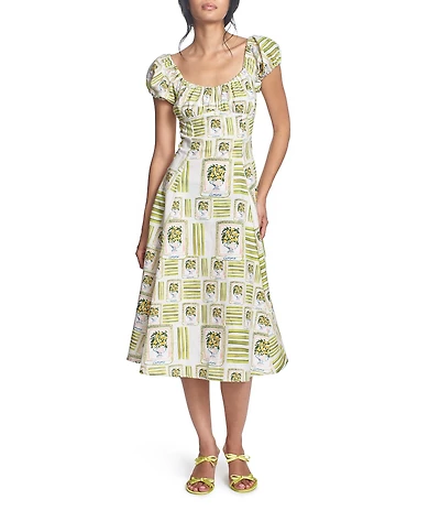 COREY LYNN CALTER Cordelia Printed Linen Blend Scop Neck Cap Puff Sleeve Midi Dress