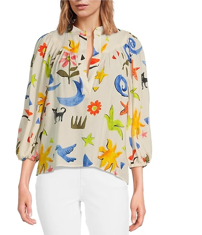 COREY LYNN CALTER Corinne Printed Gauze Split V-Neck 3/4 Sleeve Blouse