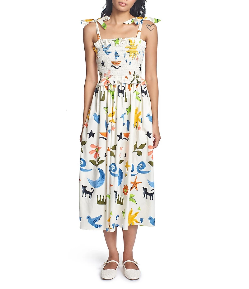 COREY LYNN CALTER Olivia Printed Stretch Cotton Square Neck Tie Shoulder Sleeveless Midi Dress