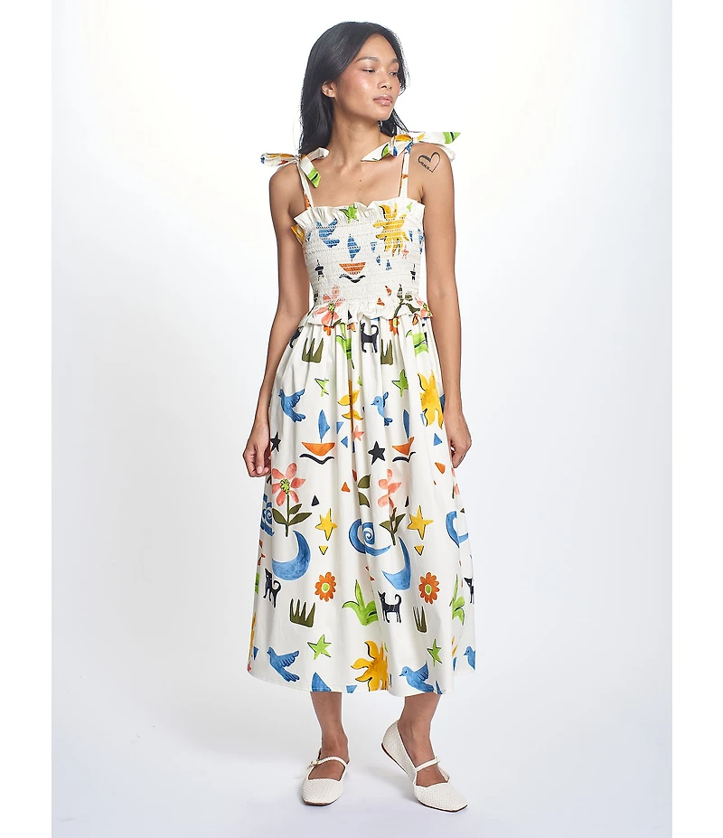 COREY LYNN CALTER Olivia Printed Stretch Cotton Square Neck Tie Shoulder Sleeveless Midi Dress