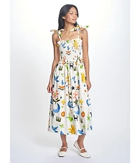 COREY LYNN CALTER Olivia Printed Stretch Cotton Square Neck Tie Shoulder Sleeveless Midi Dress