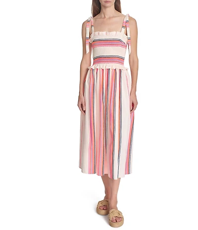 COREY LYNN CALTER Olivia Stripe Smocked Square Neck Tie Strap Midi Dress