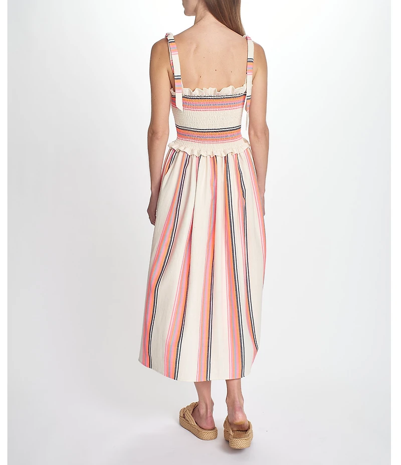 COREY LYNN CALTER Olivia Stripe Smocked Square Neck Tie Strap Midi Dress