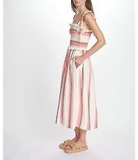 COREY LYNN CALTER Olivia Stripe Smocked Square Neck Tie Strap Midi Dress