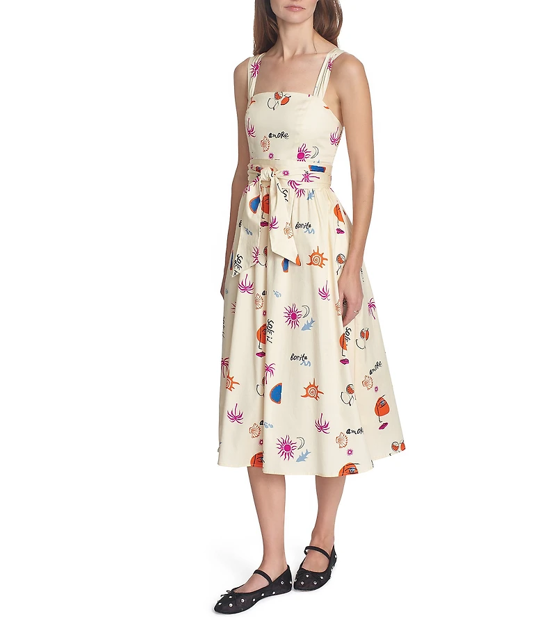 COREY LYNN CALTER Paisley Convo Print Square Neck Sleeveless Tie Waist Midi Dress