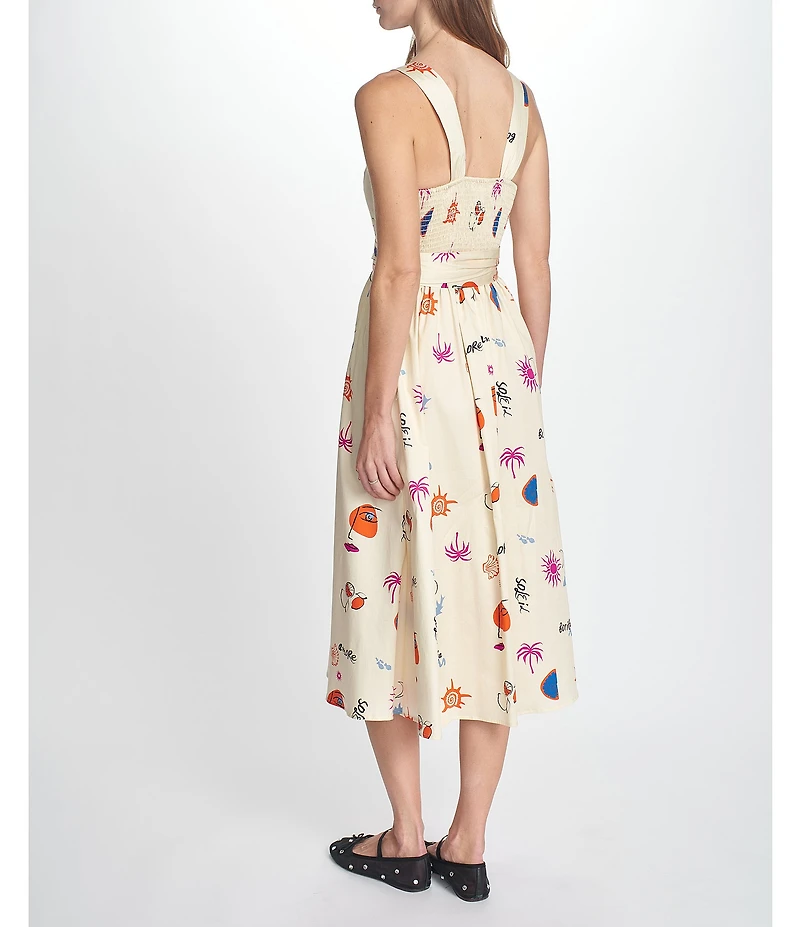 COREY LYNN CALTER Paisley Convo Print Square Neck Sleeveless Tie Waist Midi Dress