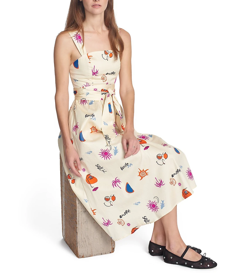 COREY LYNN CALTER Paisley Convo Print Square Neck Sleeveless Tie Waist Midi Dress