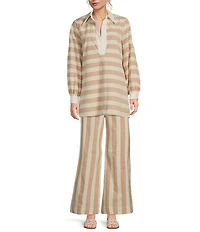 COREY LYNN CALTER Shadi Woven Stripe Print Split Collar V-Neck Long Sleeve Shirt