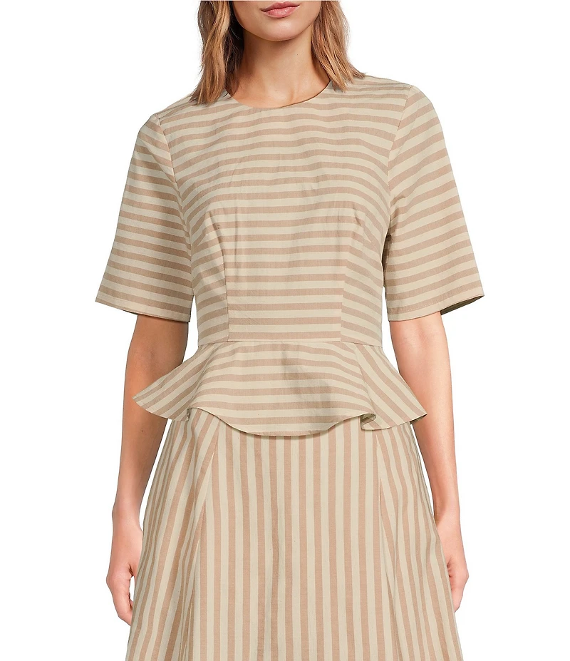 COREY LYNN CALTER Yolanda Woven Stripe Print Round Neck Short Sleeve Coordinating Peplum Top