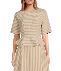COREY LYNN CALTER Yolanda Woven Stripe Print Round Neck Short Sleeve Coordinating Peplum Top