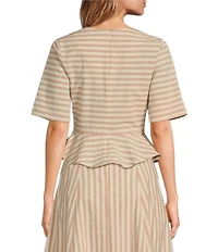 COREY LYNN CALTER Yolanda Woven Stripe Print Round Neck Short Sleeve Coordinating Peplum Top