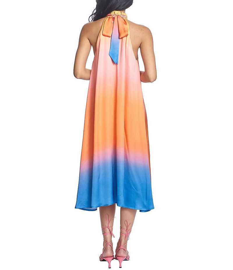 COREY LYNN CALTER Zuni Woven Satin Ombre Print Halter Neck Sleeveless Midi Dress