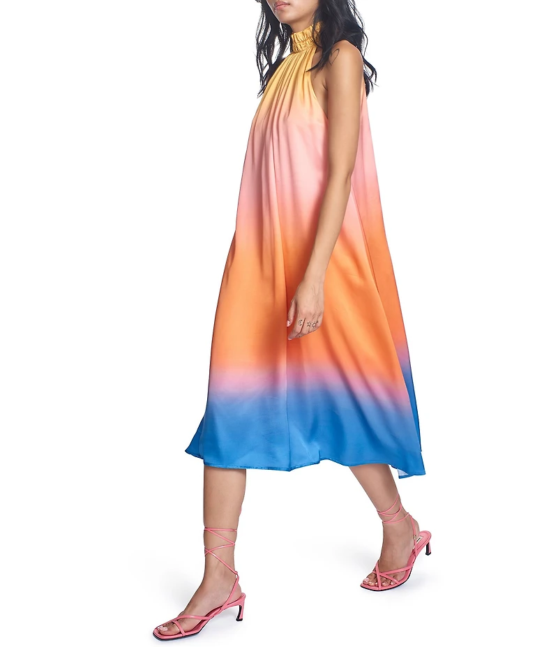 COREY LYNN CALTER Zuni Woven Satin Ombre Print Halter Neck Sleeveless Midi Dress