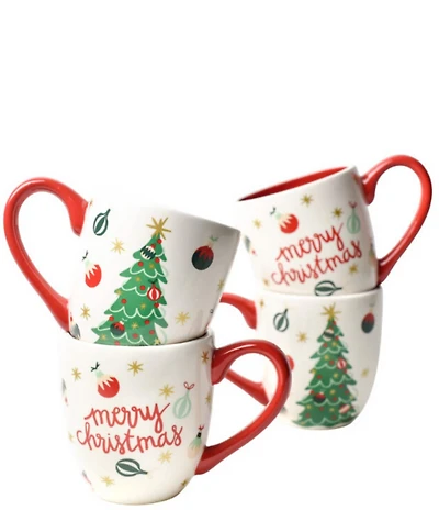 Coton Colors Christmas in The Village Trimmed Tree Mugs, Set of 4