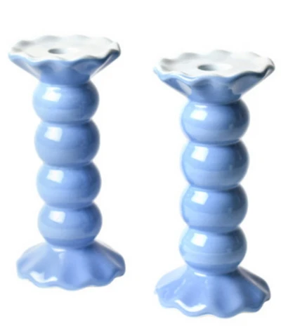Coton Colors French Blue Medium Knobbed Candle Holder with Ruffle, Set of 2