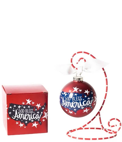 Coton Colors God Bless America Glass Ornament with Red and White Swirl Stand Set