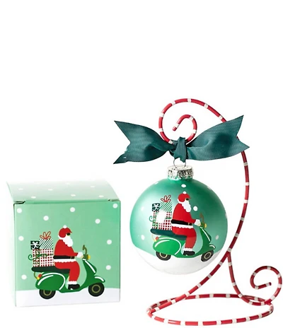 Coton Colors Here Comes Santa Claus Scooter Glass Ornament with Red and White Swirl Stand Set