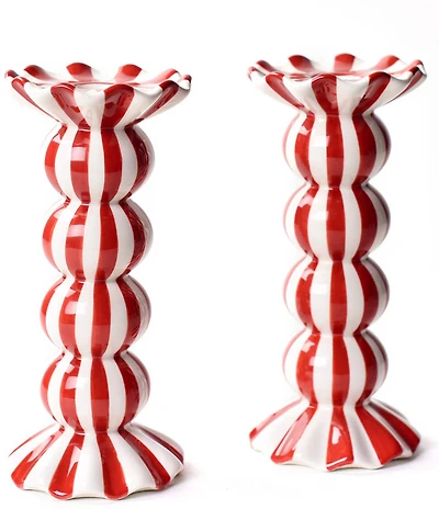Coton Colors Holiday Red Stripe Ruffle Collection Medium Knobbed Candle Holder, Set of 2
