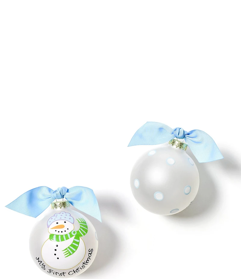 Coton Colors My First Christmas Snowman Boy Glass Ornament with Swirl Stand Set
