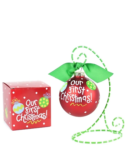 Coton Colors Our First Christmas Glass Ornament with Green and White Swirl Stand Set