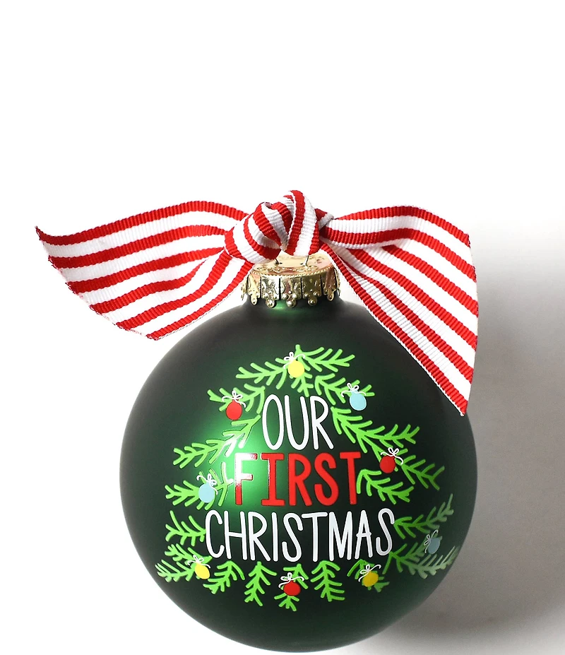 Coton Colors Our First Christmas Tree Glass Ornament with White Swirl Stand Set