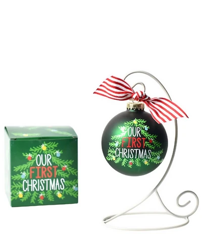 Coton Colors Our First Christmas Tree Glass Ornament with White Swirl Stand Set