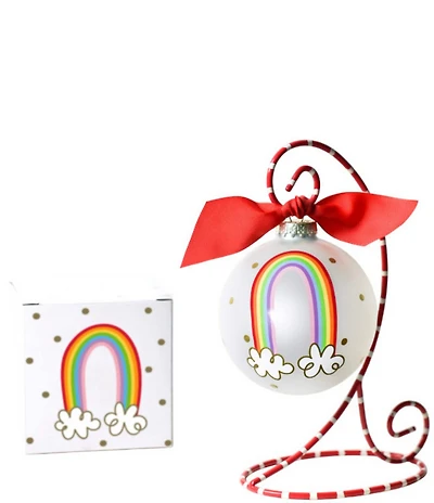 Coton Colors Rainbow of Hope Glass Ornament with Red and White Swirl Stand Set
