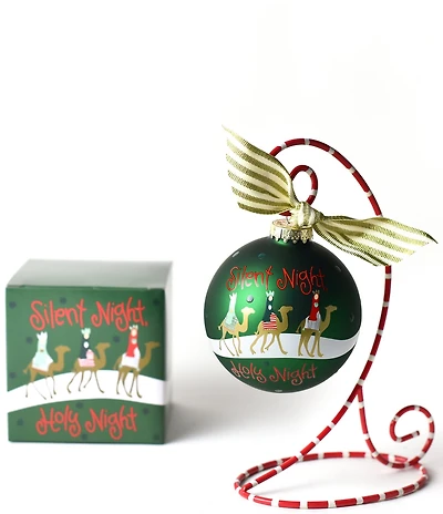 Coton Colors Silent Night Glass Ornament with Red and White Swirl Stand Set