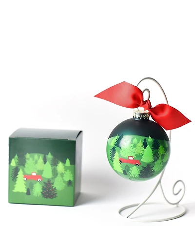 Coton Colors Truck on a Tree Farm Glass Ornament with White Swirl Stand Set