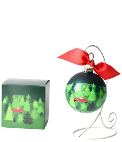 Coton Colors Truck on a Tree Farm Glass Ornament with White Swirl Stand Set