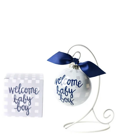 Coton Colors Welcome Baby Boy Gingham Glass Ornament with White Swirl Stand Set