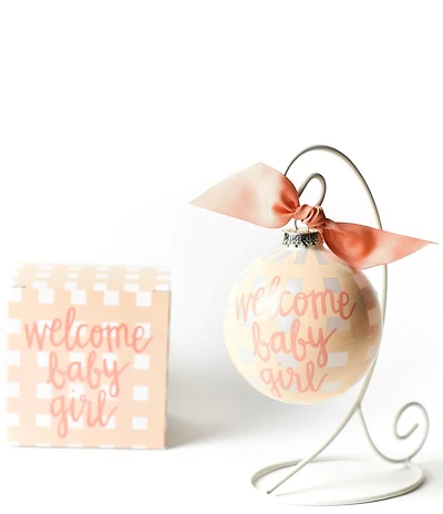 Coton Colors Welcome Baby Girl Gingham Glass Ornament with White Swirl Stand Set