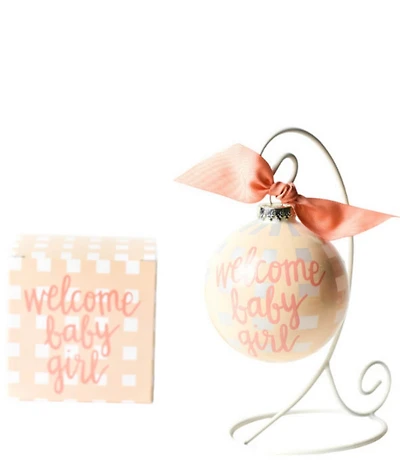 Coton Colors Welcome Baby Girl Gingham Glass Ornament with White Swirl Stand Set