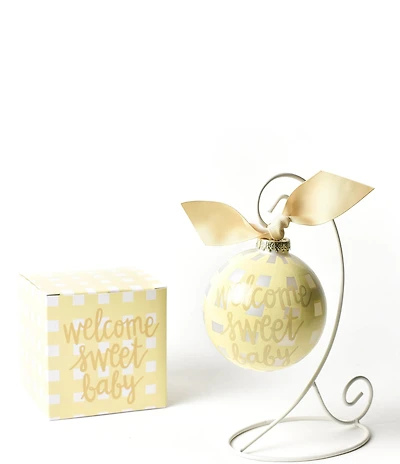 Coton Colors Welcome Sweet Baby Gingham Glass Ornament with White Stand Set