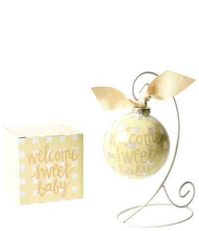 Coton Colors Welcome Sweet Baby Gingham Glass Ornament with White Stand Set
