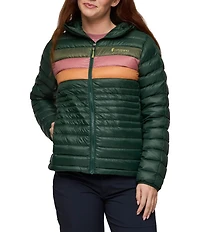 Cotopaxi Fuego Down Striped Print Hooded Stand Collar Zip Front Jacket