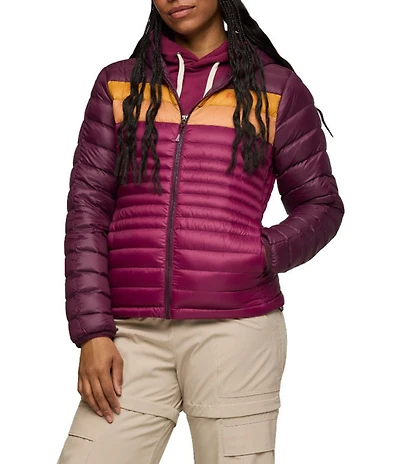 Cotopaxi Fuego Down Striped Print Hooded Stand Collar Zip Front Jacket