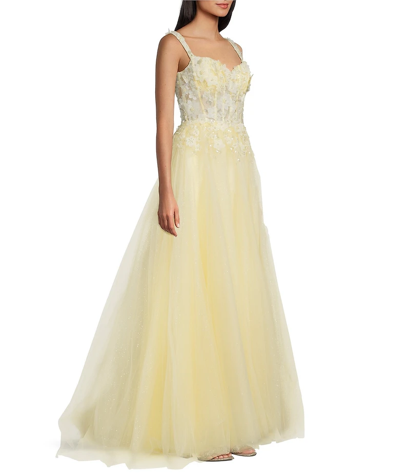 Coya Collection 3D Floral Applique Off The Shoulder Sweetheart Neck Glitter Tulle Ballgown