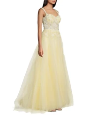 Coya Collection 3D Floral Applique Off The Shoulder Sweetheart Neck Glitter Tulle Ballgown