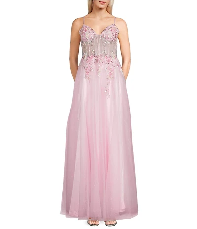 Coya Collection 3D Floral Beaded Applique Corseted Bodice Lace Up Back Glittered Tulle A-Line Ballgown