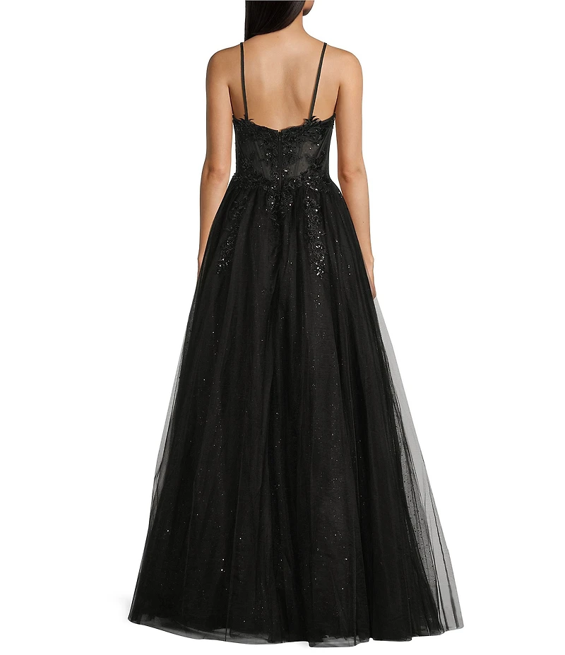 Coya Collection Beaded Applique Glitter Tulle Sweetheart Neck Spaghetti Strap Fitted Corset Bodice Dress