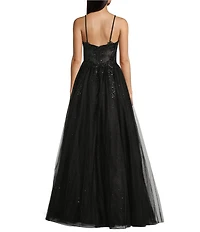 Coya Collection Beaded Applique Glitter Tulle Sweetheart Neck Spaghetti Strap Fitted Corset Bodice Dress