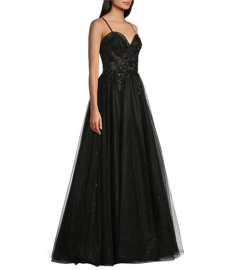 Coya Collection Beaded Applique Glitter Tulle Sweetheart Neck Spaghetti Strap Fitted Corset Bodice Dress