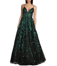 Coya Collection Butterfly Floral Glitter Print Deep V-Neck Spaghetti Strap A-Line Gown
