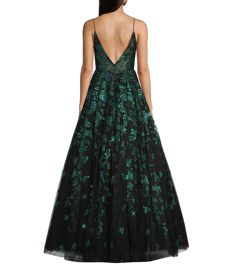 Coya Collection Butterfly Floral Glitter Print Deep V-Neck Spaghetti Strap A-Line Gown